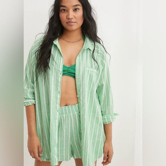 aerie S Celebrity Green White Stripe Pool-to-Party Linen Blend Cover up Shirt - Picture 7 of 17